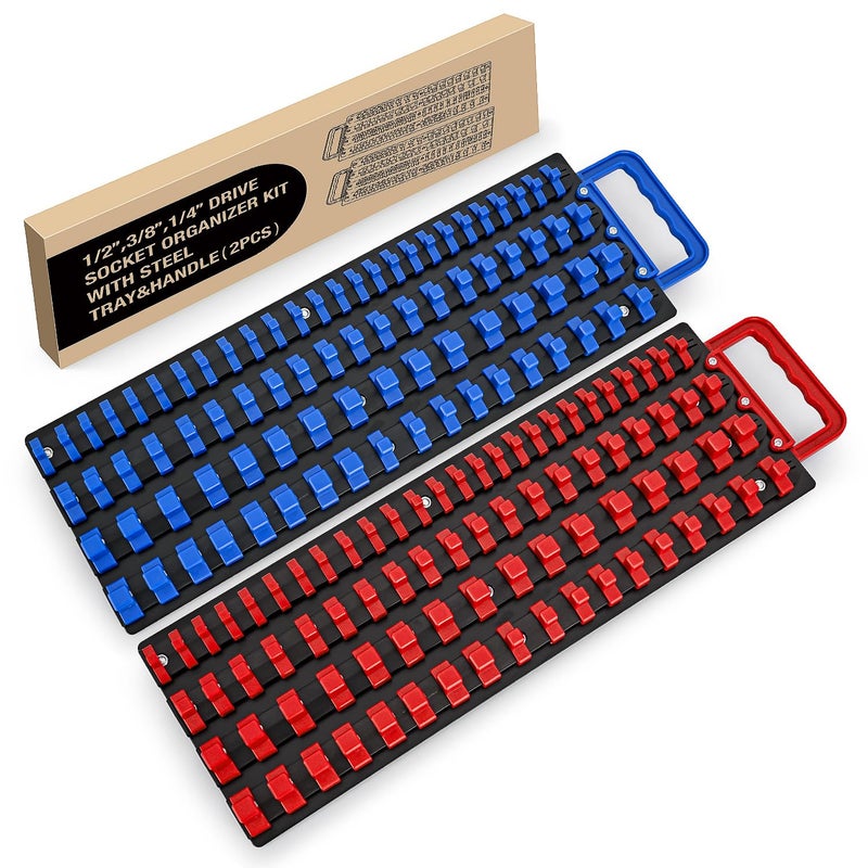 GOOACC Socket Organizer Tray 1/4 inch 3/8 inch 1/2 inch Socket Holder Portable Socket Rail Organizer Trays for Tool Box Drawer, 2Pcs Set Socket Tray Holds 160-Piece SAE Metric Socket, Blue & Red - Image 1