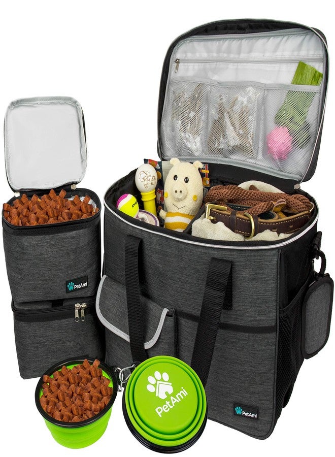 PetAmi Dog Travel Bag Organizer, Pet Travel Kit with 2 Food Containers & 2 Collapsible Dog Bowls, Pet Supplies Tote with Luggage Sleeve, Weekend Road Trip Camping Essentials, Dark Gray, Large - Image 1