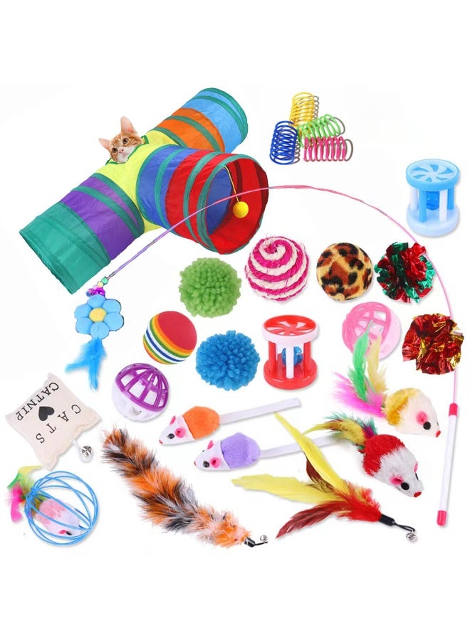 كادلين 25 قطعة من لوازم ألعاب القطط الصغيرة، مع نفق بثلاث فتحات/فأر تفاعلي/عصا قطط/كرات جولف من الريش/كرات ناعمة - رائعة للقطط الصغيرة والقطط - Image 1