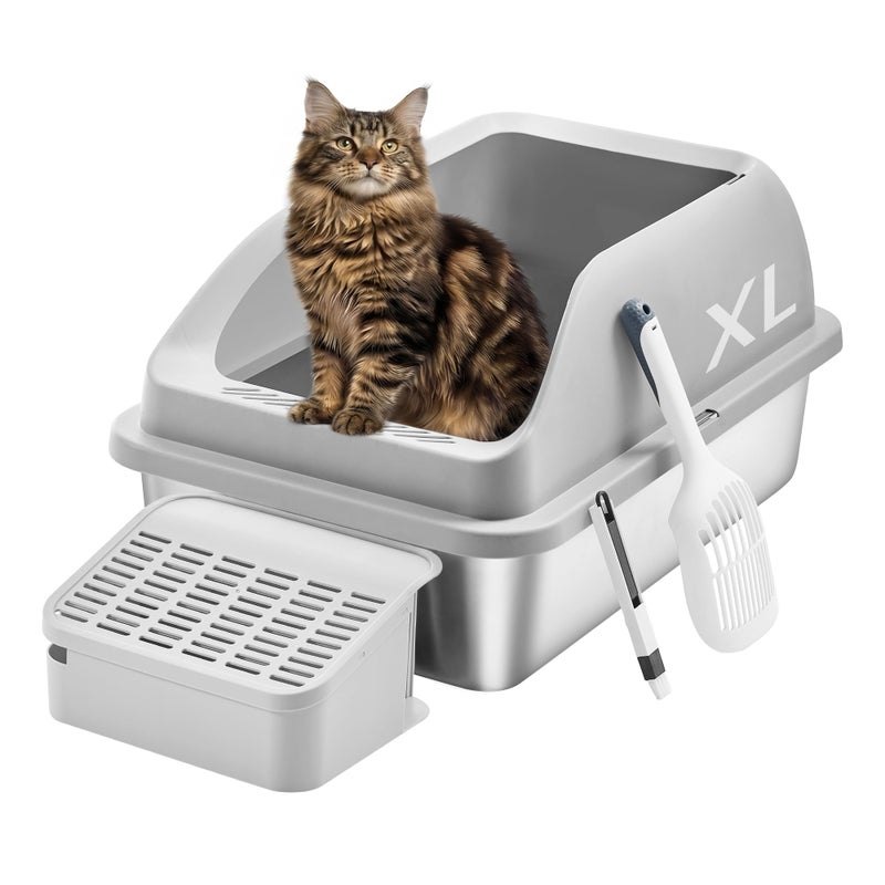 Feandrea Stainless Steel Cat Litter Box with Open Top, High Sided Litter Tray with Step, Scoop, Brush, for Cats up to 33 lb, Dove Gray UPPT008GD01 - Image 1