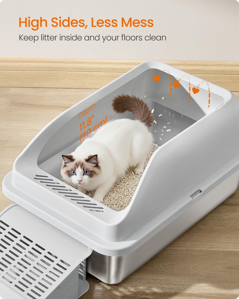 Feandrea Stainless Steel Cat Litter Box with Open Top, High Sided Litter Tray with Step, Scoop, Brush, for Cats up to 33 lb, Dove Gray UPPT008GD01 - Image 3