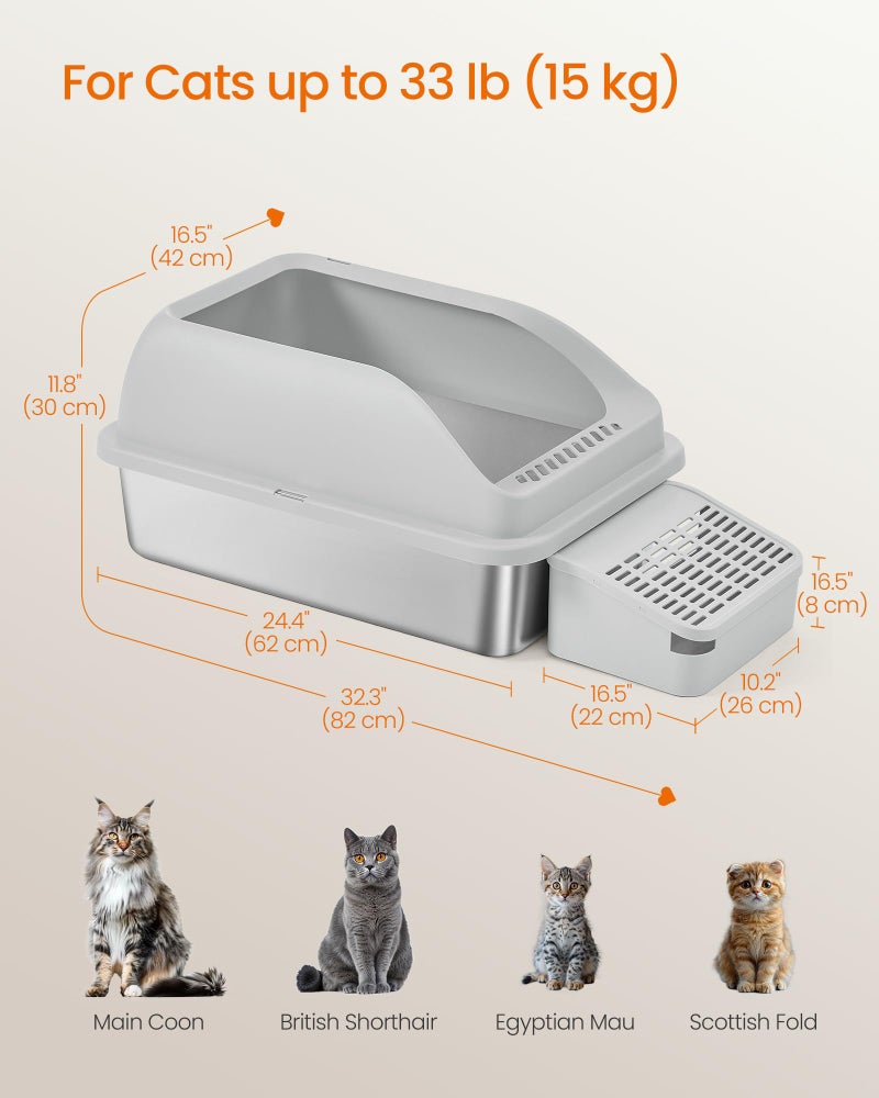 Feandrea Stainless Steel Cat Litter Box with Open Top, High Sided Litter Tray with Step, Scoop, Brush, for Cats up to 33 lb, Dove Gray UPPT008GD01 - Image 5