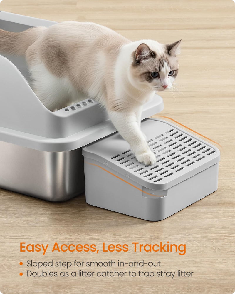 Feandrea Stainless Steel Cat Litter Box with Open Top, High Sided Litter Tray with Step, Scoop, Brush, for Cats up to 33 lb, Dove Gray UPPT008GD01 - Image 4