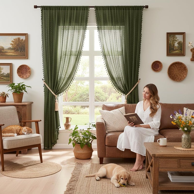 WAZZIO Olive Green Sheer Curtains 84 Inches Long 2 Panel - Light Filtering Privacy Home Decor Window Curtains Panel,Rod Pocket Cotton Blend Tassel Trim Crochet Lace Drapes for Living Room,Bedroom - Image 3