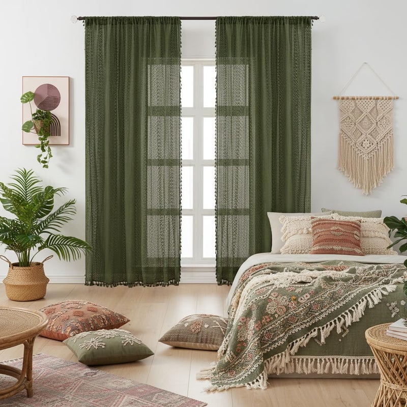 WAZZIO Olive Green Sheer Curtains 84 Inches Long 2 Panel - Light Filtering Privacy Home Decor Window Curtains Panel,Rod Pocket Cotton Blend Tassel Trim Crochet Lace Drapes for Living Room,Bedroom - Image 1