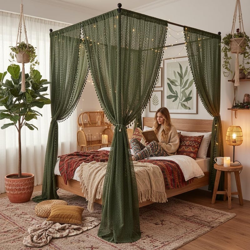 WAZZIO Olive Green Sheer Curtains 84 Inches Long 2 Panel - Light Filtering Privacy Home Decor Window Curtains Panel,Rod Pocket Cotton Blend Tassel Trim Crochet Lace Drapes for Living Room,Bedroom - Image 5