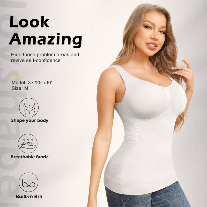 JOYSHAPER Shapewear Camisoles With Built in Bra Tummy Control Compression Tank Tops for Women Body Shaper Padded Tanks White L - Image 3
