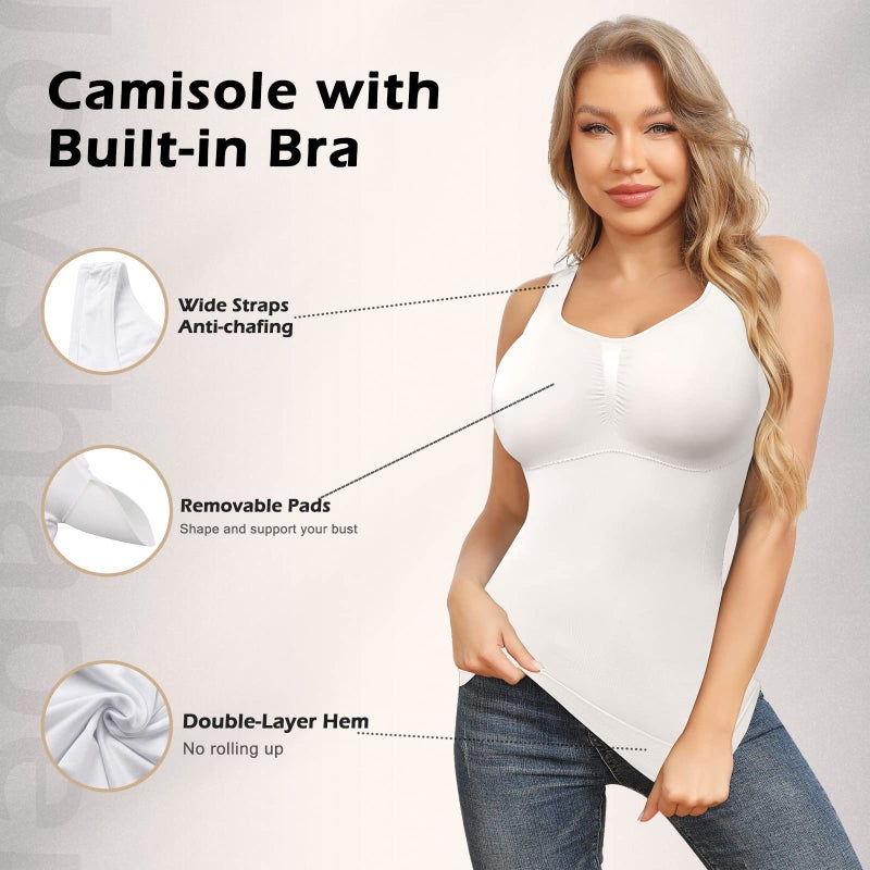 JOYSHAPER Shapewear Camisoles With Built in Bra Tummy Control Compression Tank Tops for Women Body Shaper Padded Tanks White L - Image 2