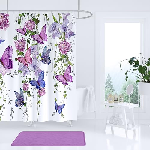 chiinvent Purple Butterfly Shower Curtains for Bathroom, Spring Butterflies Rustic Floral Shower Curtain with 12 Hooks, Machine Washable Waterproof Fabric, 72X72 Inches - Image 4
