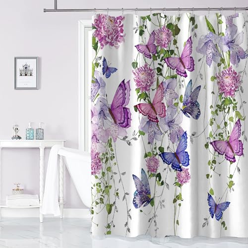 chiinvent Purple Butterfly Shower Curtains for Bathroom, Spring Butterflies Rustic Floral Shower Curtain with 12 Hooks, Machine Washable Waterproof Fabric, 72X72 Inches - Image 2