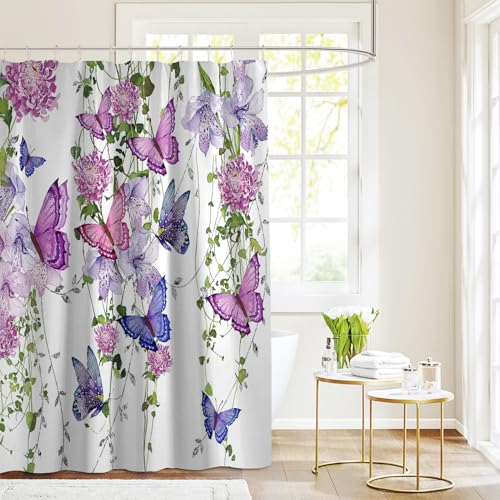 chiinvent Purple Butterfly Shower Curtains for Bathroom, Spring Butterflies Rustic Floral Shower Curtain with 12 Hooks, Machine Washable Waterproof Fabric, 72X72 Inches - Image 3