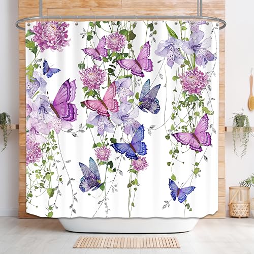 chiinvent Purple Butterfly Shower Curtains for Bathroom, Spring Butterflies Rustic Floral Shower Curtain with 12 Hooks, Machine Washable Waterproof Fabric, 72X72 Inches - Image 5