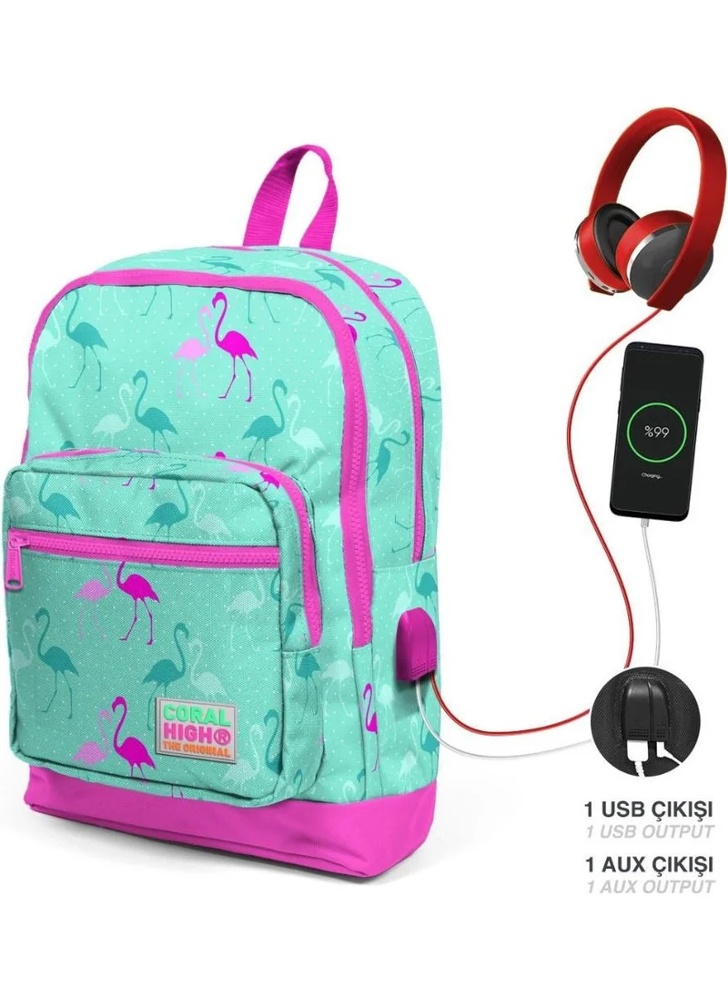 CORAL HIGH Kids Water Green Neon Pink Flamingo Patterned USB 3-Piece School Bag Set GOSET0123275