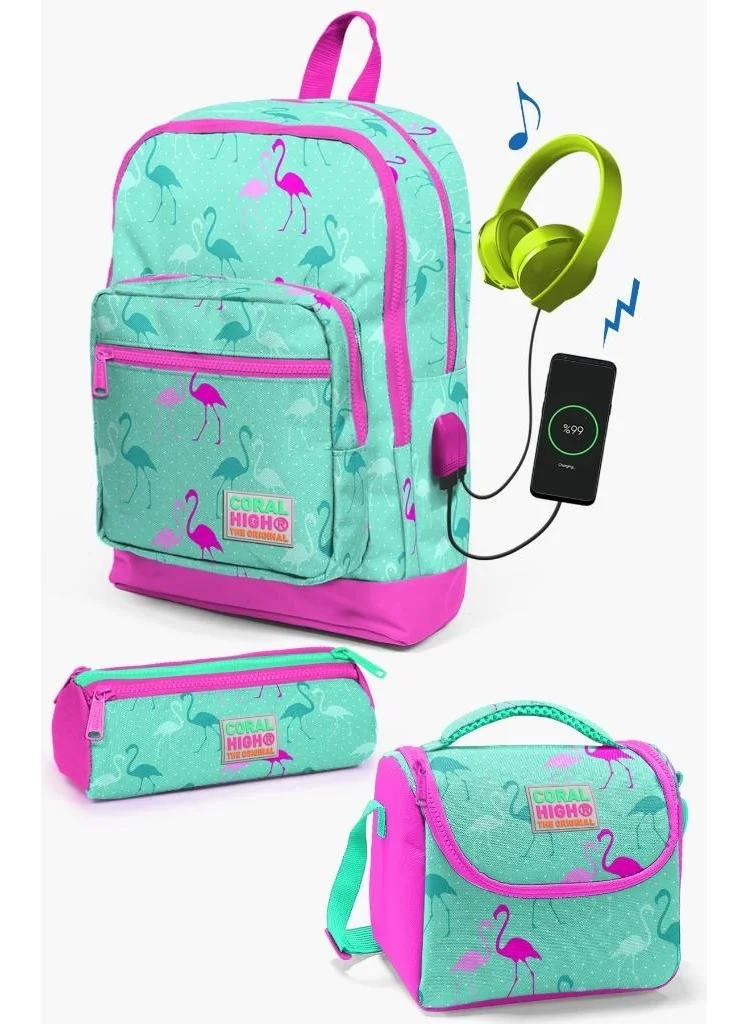 CORAL HIGH Kids Water Green Neon Pink Flamingo Patterned USB 3-Piece School Bag Set GOSET0123275