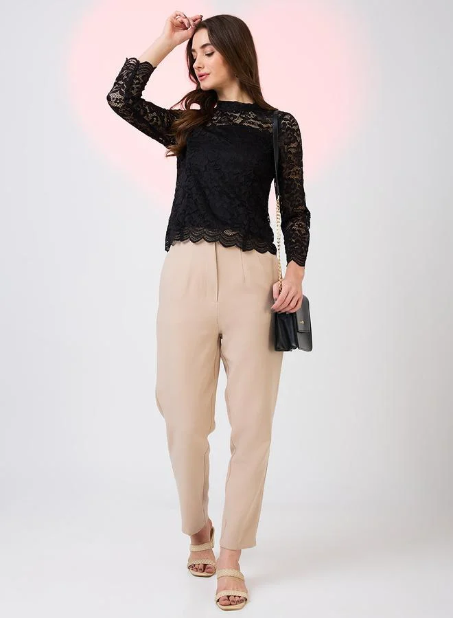 Globus Black Lace Long Sleeve High-Neck Top