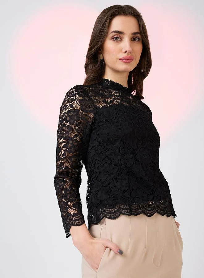 Globus Black Lace Long Sleeve High-Neck Top
