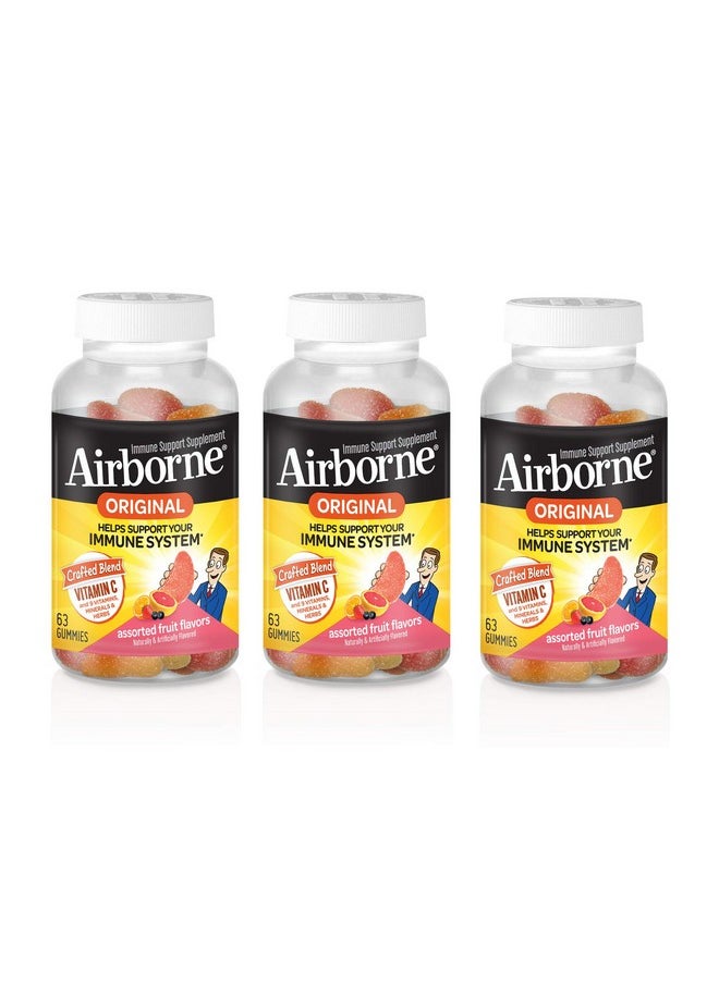 Airborne - Vitamin C 750Mg (Per Serving) Assorted Fruit Gummies (63 Count In A Bottle) Gluten Free Immune Support Supplement With Vitamins C E Selenium (Pack Of 3) - Image 1