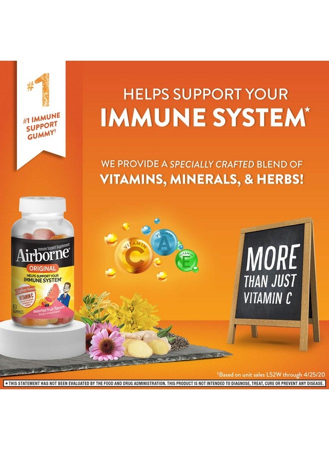 Airborne - Vitamin C 750Mg (Per Serving) Assorted Fruit Gummies (63 Count In A Bottle) Gluten Free Immune Support Supplement With Vitamins C E Selenium (Pack Of 3) - Image 1
