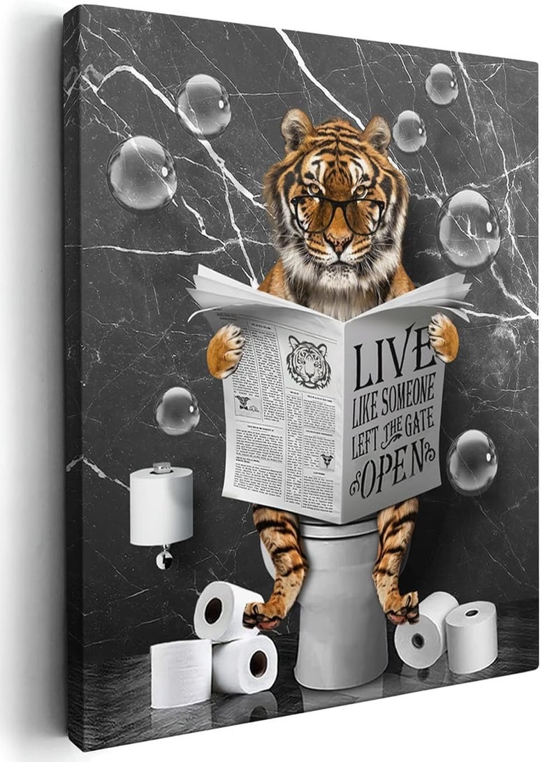 مؤسسة فكرة اليوم اليوم فكرة مضحك النمر حمام جدار الفن | الأسود والأبيض النمر في ملصق المرحاض قماش طباعة للحمام وغرفة النوم وديكور غرفة المعيشة | 12x16 بوصة عمل فني مؤطر - Image 1
