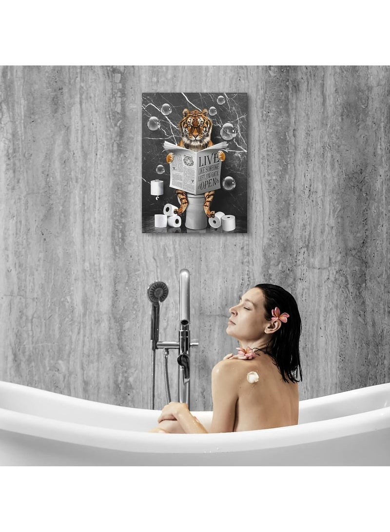 مؤسسة فكرة اليوم اليوم فكرة مضحك النمر حمام جدار الفن | الأسود والأبيض النمر في ملصق المرحاض قماش طباعة للحمام وغرفة النوم وديكور غرفة المعيشة | 12x16 بوصة عمل فني مؤطر - Image 2