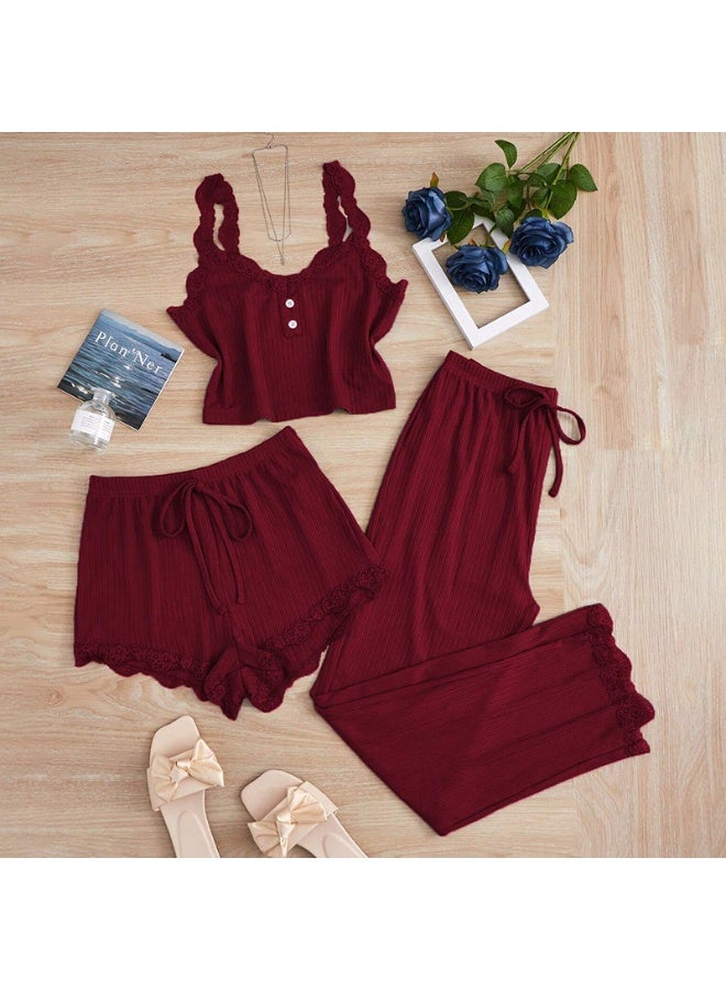 Summer European & American Style Lace - Trimmed Ribbed Camisole 3 - Piece Set - Slim - Fit Outerwear - Friendly Shorts & Pants Loungewear