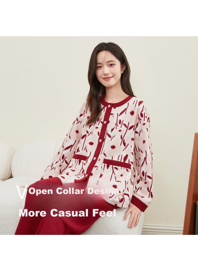 Dingguagua Women's Autumn Winter Fleece Open-front Pajama Set Homewear Floral Red Contrast 175