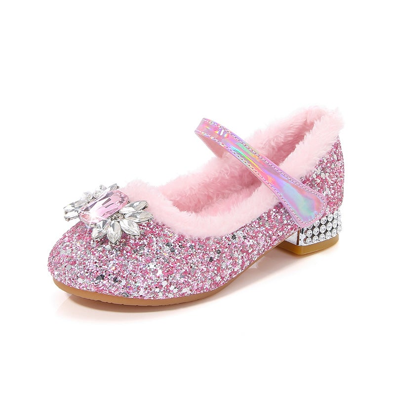 Girls'' Shoes for Autumn and Winter, Fleece-Lined Elsa Princess Shoes, Little Girls'' High Heels, Baby Girls'' Crystal Shoes, Elsa Princess - Image 1