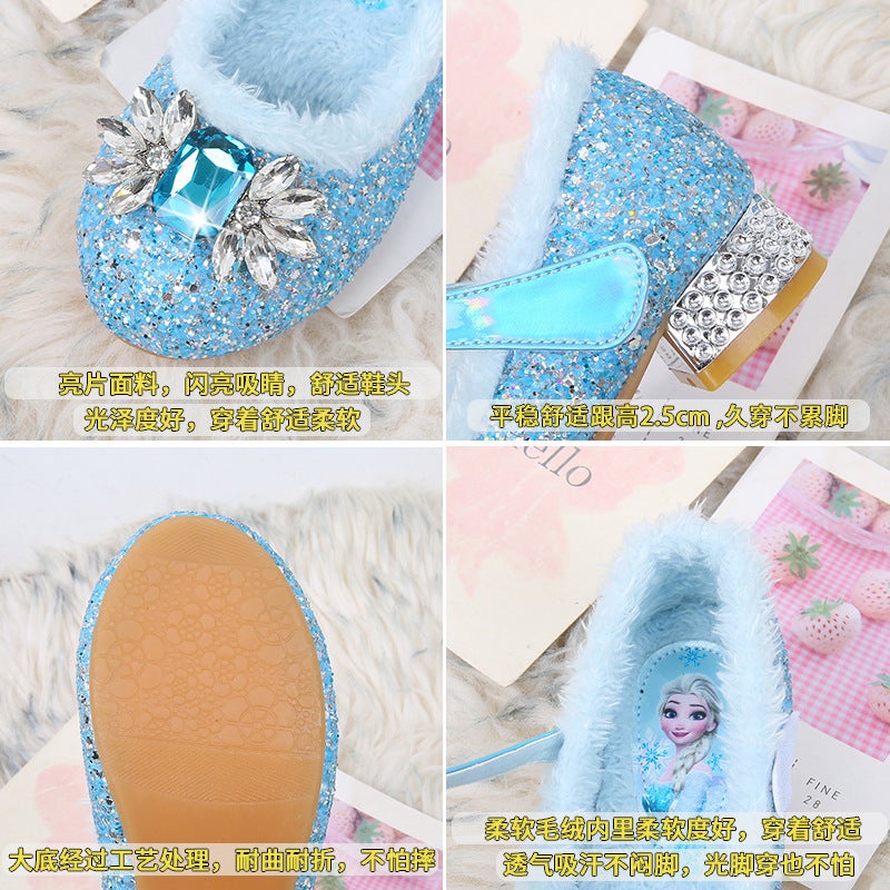 Girls'' Shoes for Autumn and Winter, Fleece-Lined Elsa Princess Shoes, Little Girls'' High Heels, Baby Girls'' Crystal Shoes, Elsa Princess - Image 5