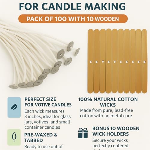 R Wellness Candle Wicks for Candle Making | 4 Inch White Cotton Wicks, 100 Pcs with 10 Wick Holders | Candle Making Supplies for DIY Material & Home Use - Image 2