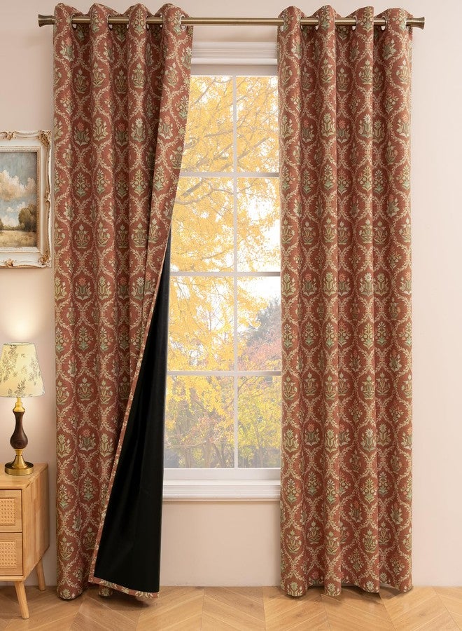 ColorBird Blackout Burnt Orange Floral Block Print Thermal Curtains for Winter Insulated 84 Inches Long Patterned Farmhouse Vintage Drapes for Bedroom Living Dining Room Window Treatments - Image 1