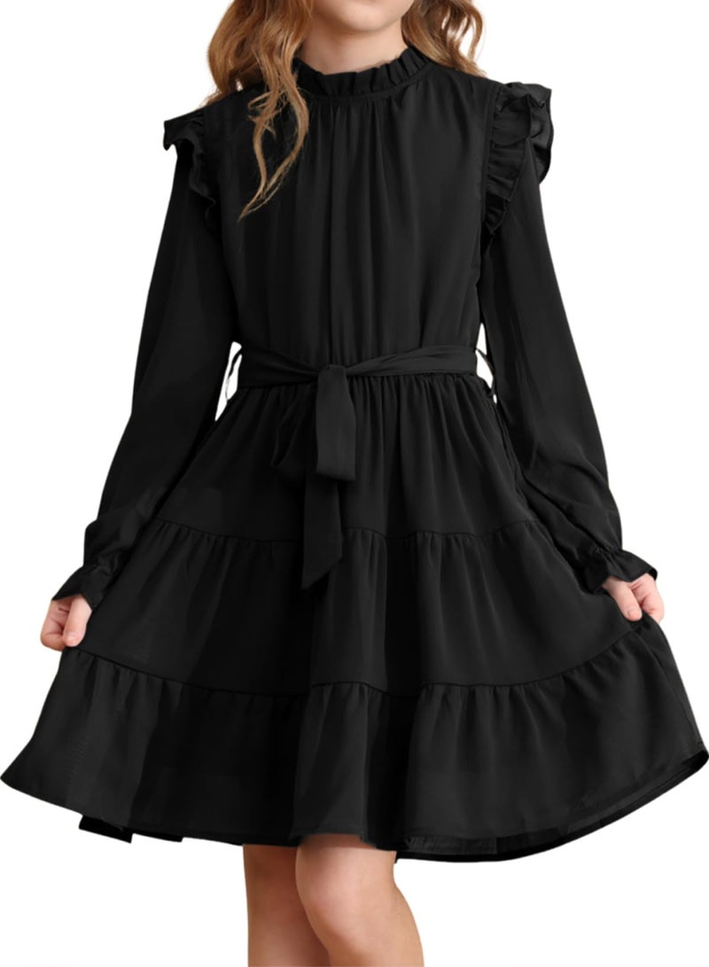 blibean Tween Girls Fall Dresses Teen Kids Girl Maxi Ruffle Long Sleeve Dresses Spring Semi Formal Party Wedding Guest Outfits Flare Flowy Dressy Photoshoot Clothes Size 10-11 Year Old Black - Image 1