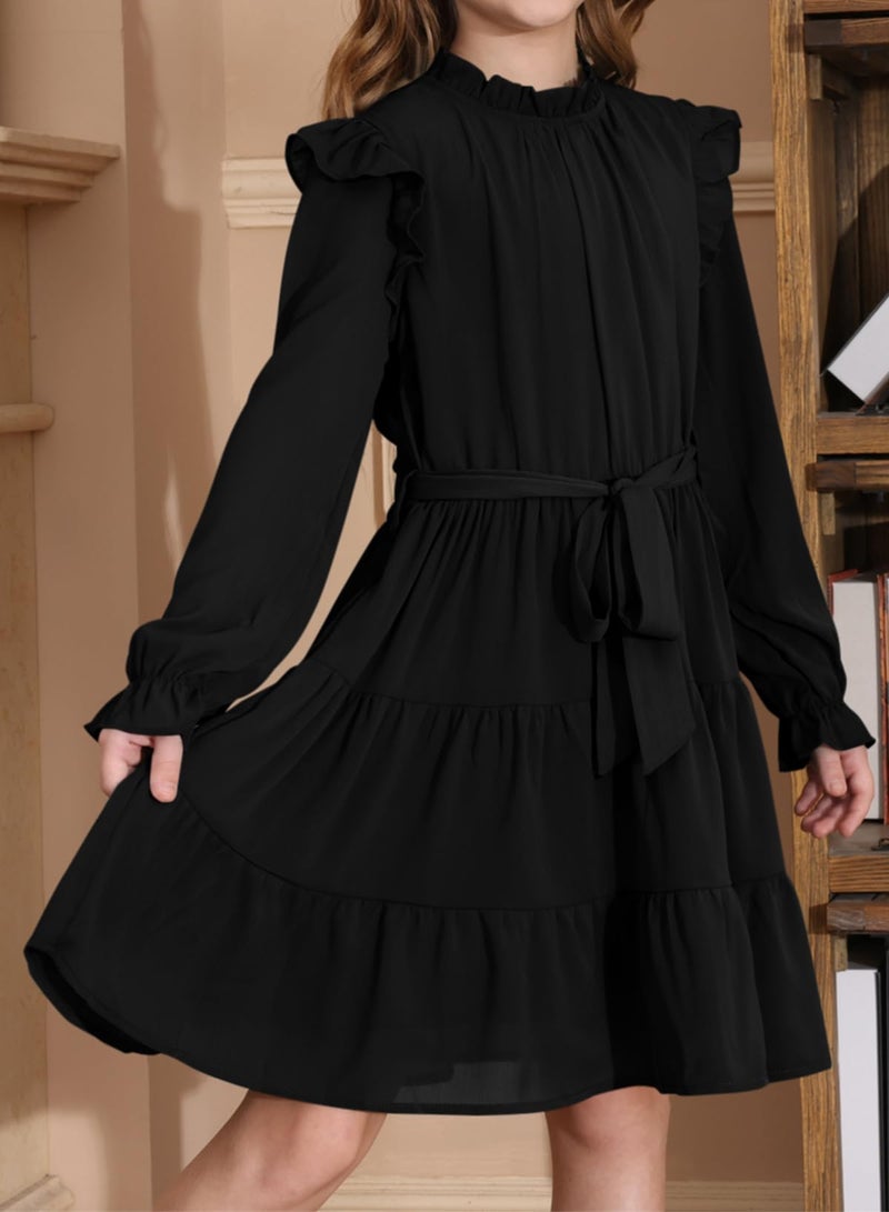 blibean Tween Girls Fall Dresses Teen Kids Girl Maxi Ruffle Long Sleeve Dresses Spring Semi Formal Party Wedding Guest Outfits Flare Flowy Dressy Photoshoot Clothes Size 10-11 Year Old Black - Image 3