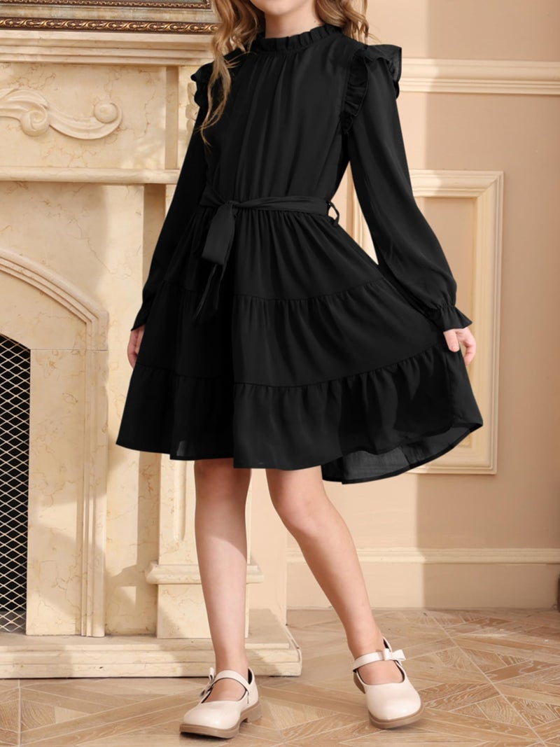 blibean Tween Girls Fall Dresses Teen Kids Girl Maxi Ruffle Long Sleeve Dresses Spring Semi Formal Party Wedding Guest Outfits Flare Flowy Dressy Photoshoot Clothes Size 10-11 Year Old Black - Image 4