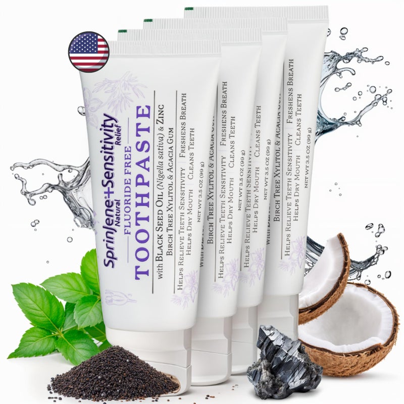SprinJene معجون أسنان سبريجن خالي من الفلورايد للأسنان الحساسة واللثة مع نفس منعش يساعد على جفاف الفم معجون أسنان طبيعي خالي من الفلورايد للبالغين خالي من SLS وخالي من المواد الحافظة السامة مع زيت الحبة السوداء والزنك عبوة 4