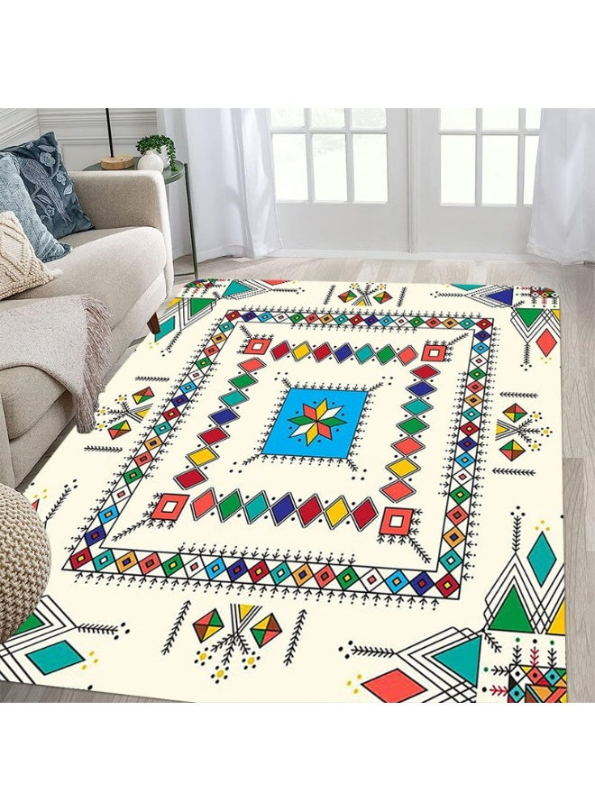 Bohemian Geometric Pattern Area Rug - Off-White Polyester Non-Slip Indoor Outdoor Mat - Image 3