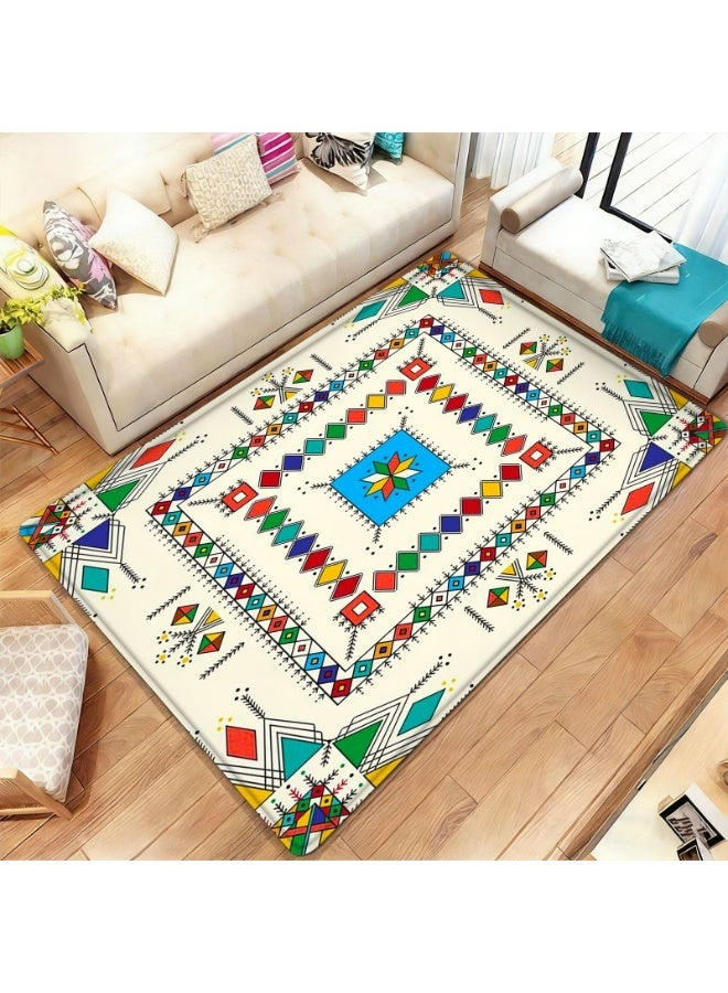Bohemian Geometric Pattern Area Rug - Off-White Polyester Non-Slip Indoor Outdoor Mat - Image 1