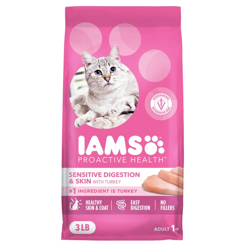 IAMS Proactive Health Sensitive Digestion & Skin Dry Cat Food, Adult Cat Food Dry Recipe with Real Turkey, 3 lb. Bag - Image 1