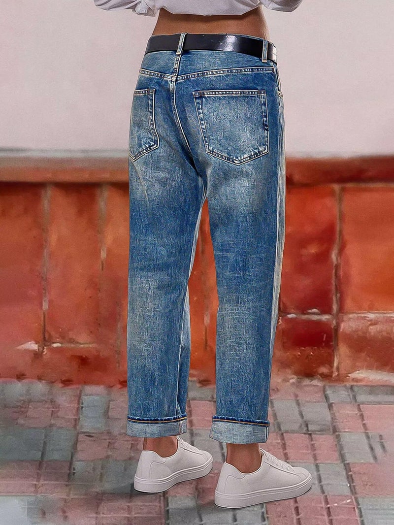 Flamingals Straight Leg Crop Jeans for Women Wash Raw Hem Mid Waist Jeans Sky Blue 2XL - Image 5