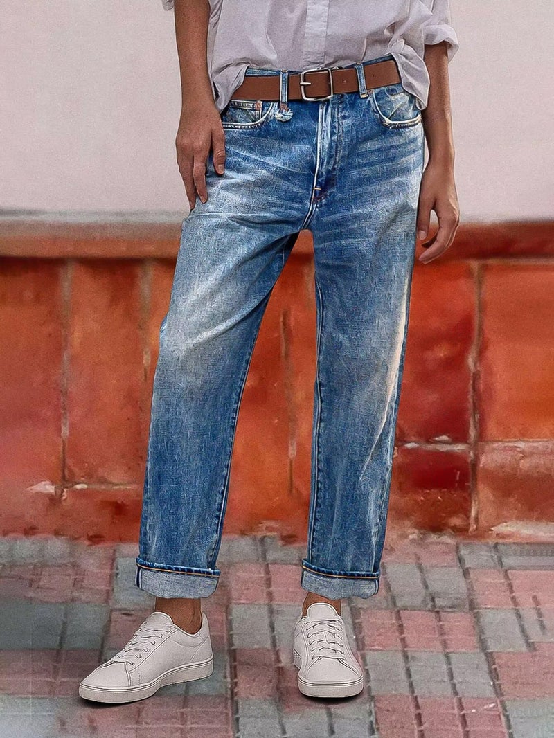 Flamingals Straight Leg Crop Jeans for Women Wash Raw Hem Mid Waist Jeans Sky Blue 2XL - Image 3