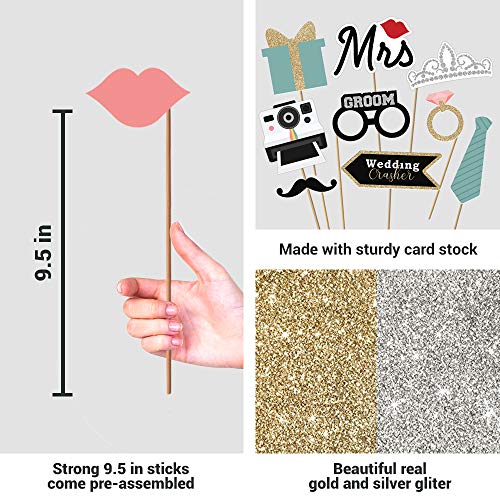 Perfect Occasion Fully Assembled Wedding Photo Booth Props - Set of 40 - Gold, Pink, Teal, & Silver Selfie Signs - Wedding Party Supplies & Decorations - Cute Designs with Real Glitter - Did We Mention No DIY - Image 3
