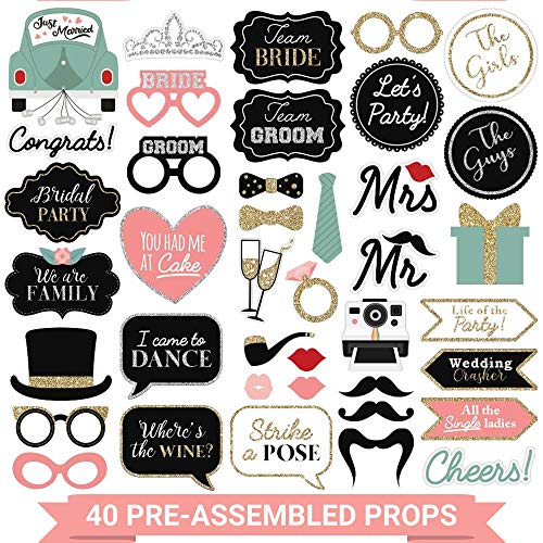 Perfect Occasion Fully Assembled Wedding Photo Booth Props - Set of 40 - Gold, Pink, Teal, & Silver Selfie Signs - Wedding Party Supplies & Decorations - Cute Designs with Real Glitter - Did We Mention No DIY - Image 1