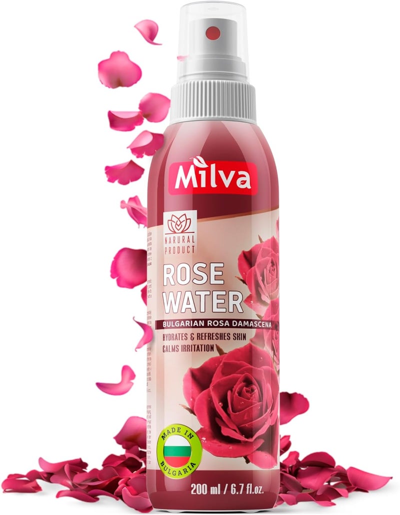 Milva Rose Water Spray with Bulgarian Rose Oil Natural Face Mist Hydrating Toner Pure Rosewater for Hair Body Makeup Removal Alcohol Free Cleanser 200 ml