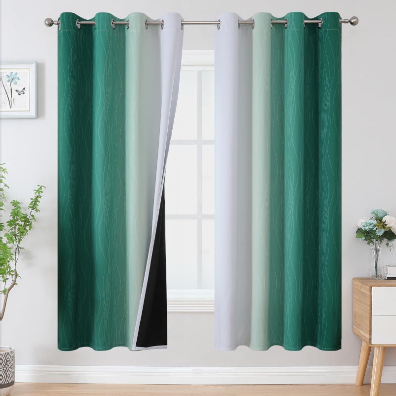 Estelar Textiler Green and Greyish White Blackout Curtains for Living Room  Full Room Darkening Grommet Ombre Curtains for Bedroom  Thermal Insulated Light Blocking Gradient Drapes  52Wx72L  2 Panels - Image 1