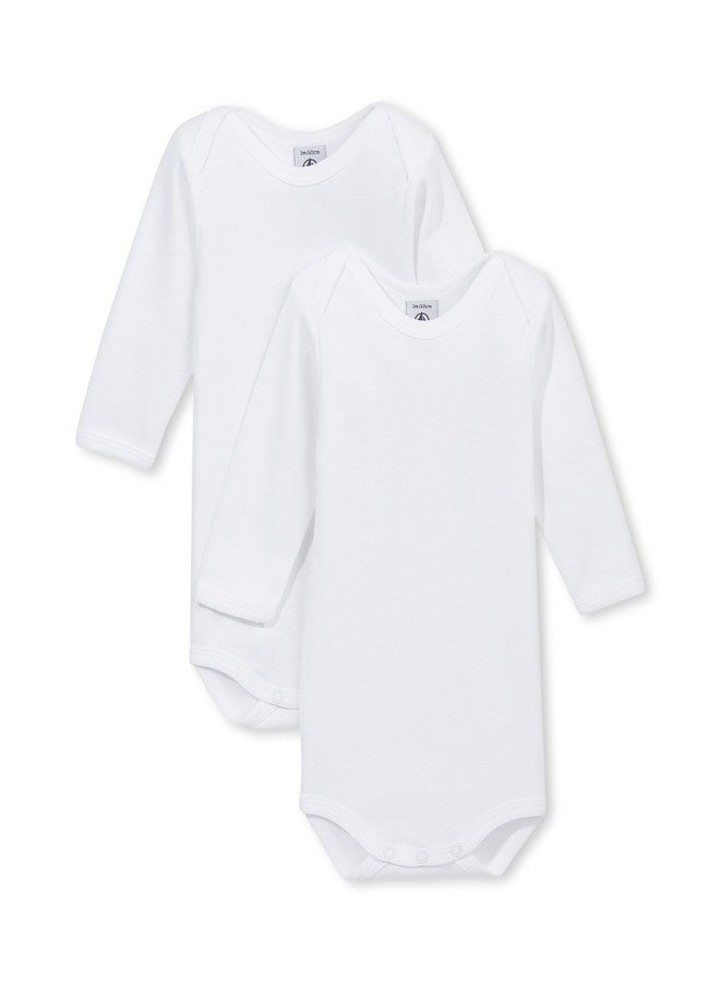 Petit Bateau بدلات بيبي بتيه غير محددة الجنس للأطفال حديثي الولادة بأكمام طويلة، عبوة من 2، أبيض، 3 أشهر - Image 1