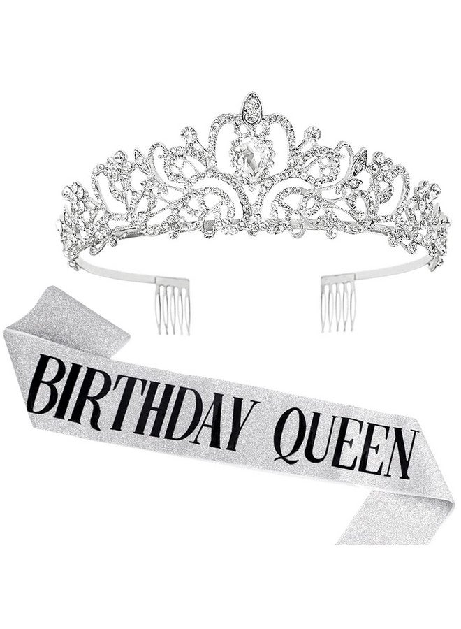 Cocide Birthday Queen Sash & Rhinestone Tiara Set Silver Birthday Sash And Tiara For Women Birthday Decoration Kit Rhinestone Headband For Girl Glitter Crystal Hair Accessories For Party Cake Topper - Image 1