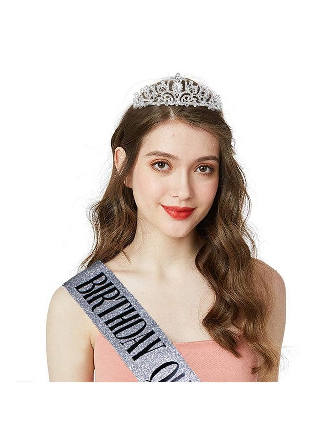 Cocide Birthday Queen Sash & Rhinestone Tiara Set Silver Birthday Sash And Tiara For Women Birthday Decoration Kit Rhinestone Headband For Girl Glitter Crystal Hair Accessories For Party Cake Topper - Image 2