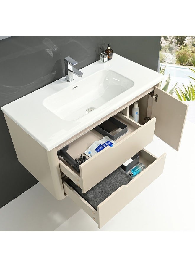 DANUBE HOME Milano Lane Vanity With Mirror & Cabinet (2Pcs/Set) (100X50X46) Cm - Beige Finish| Single Basin Wooden/Pvc Sink Cabinet Compact Storage Cabinet For Modern Bathroom  - Image 2