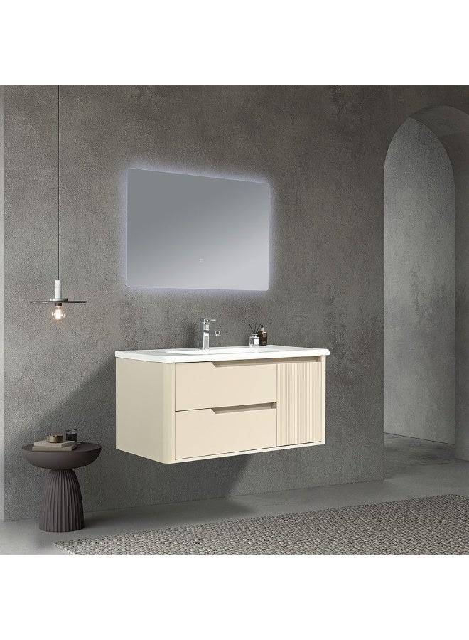 DANUBE HOME Milano Lane Vanity With Mirror & Cabinet (2Pcs/Set) (100X50X46) Cm - Beige Finish| Single Basin Wooden/Pvc Sink Cabinet Compact Storage Cabinet For Modern Bathroom  - Image 1