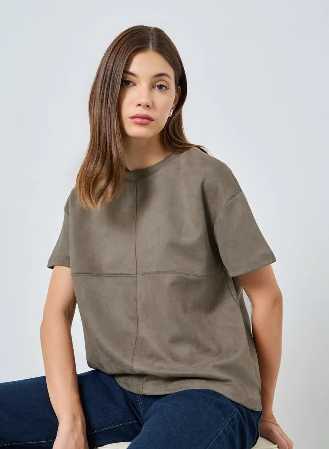 Styli Brown Suede Boxy T-Shirt