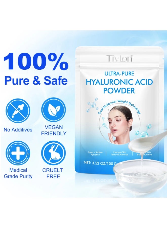 TIVLON مسحوق حمض الهيالورونيك للعناية بالبشرة 100 جرام مسحوق سيروم حمض الهيالورونيك وقناع الوجه 100% نقي مرطب ومغذي للعناية بالوجه وعلاجات مكافحة الشيخوخة للبشرة والوجه والجسم - Image 2